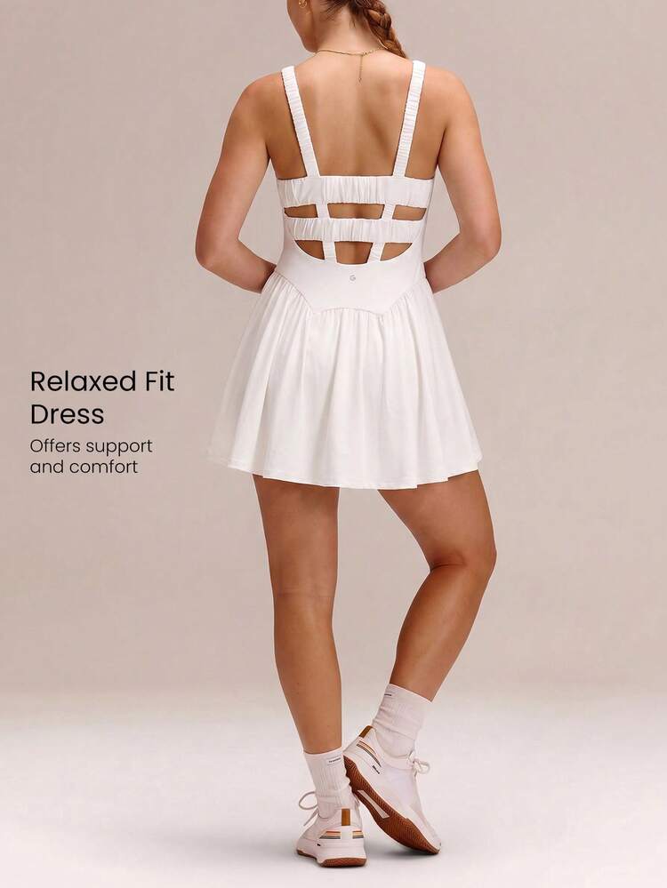 Sweetheart Cooling Sweat-Wicking UV Protection Ruched Bust Flowy Skirt Removable Cups Babydoll Dress & Separate Shorts Set Summer Daily Casual Wear
