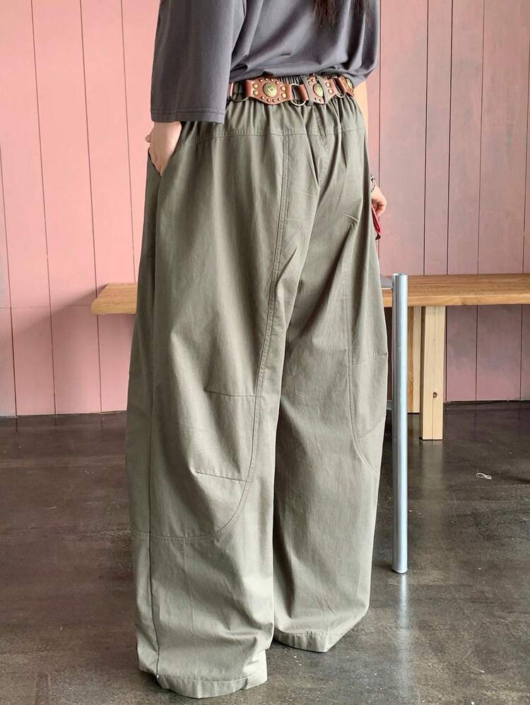 Dazy Plus Casual Slit Leg Pants, Slimming Streetwear Style, Solid Color Plus Size Women Pants, Military Green, All Season