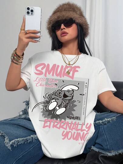 SHEIN X The Smurfs 플러스 사이즈 여성 캐주얼 프린트 반팔 티셔츠, 올오버 프린트