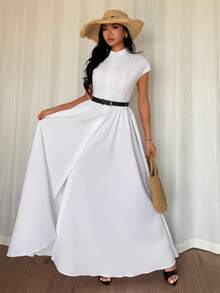 Rafferiza Elegant A-Line White Collar Short Sleeve Waist Ruched Dress For Women, Spring/Summer - White - View 5
