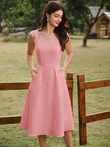 Vestido amarillo elegante vintage retro para mujer con bolsillos y botones,estilo casual de los 90 para primavera,verano,picnic,playa y vacaciones - Rosa 2 - Ver 4