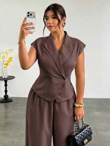 Firerie Plus Size Summer Casual Solid Color Double-Breasted Blazer - Brown - View 4