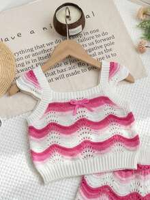 SHEIN Young Girls Handmade Crochet Colorful Striped Vest Set,Cute Bow Decor 2pcs Casual Outfit,Fashionable Summer Beach Holiday Vacation Outfit For Party - Multicolor - View 4