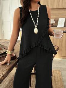 Weeklong Women's Plus Size Round Neck Sleeveless Ruffle Trim Loose Top And Straight Leg Pants 2 Piece Set, Suitable For Vacation And Daily Wear, Spring/Summer - Black - View 4