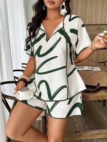 SHEIN Holidaya Plus Size Women's Abstract Line & Stripe Print Casual Vacation Short Sleeve Top And Shorts Set - Multicolor - View 7