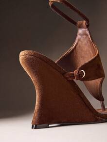 Hauture Ladies Thong Style Tie-Up Strap Wedge Sandals - Chocolate Brown - View 5