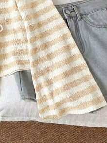 SHEIN EZwear 条纹棉质针织休闲系带喇叭袖上衣，米色和白色 - 彩色 - 查看 5