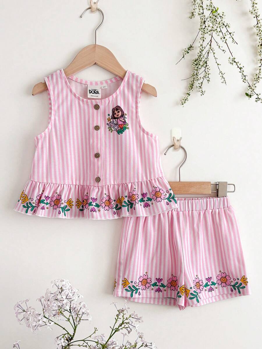 DORA | SHEIN Young Girls Striped Print Camisole & Shorts Set, DORA - Pink - View 1