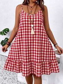 SHEIN LUNE Plus Size Plaid Minimalist Casual Slip Dress - Red - View 5