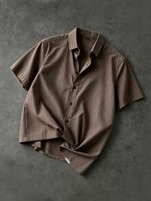 SUMWON Men's Brown Striped Short Sleeve Button Down Shirt Regular Fit Casual Summer Spring Collared Top - Brown - View 1