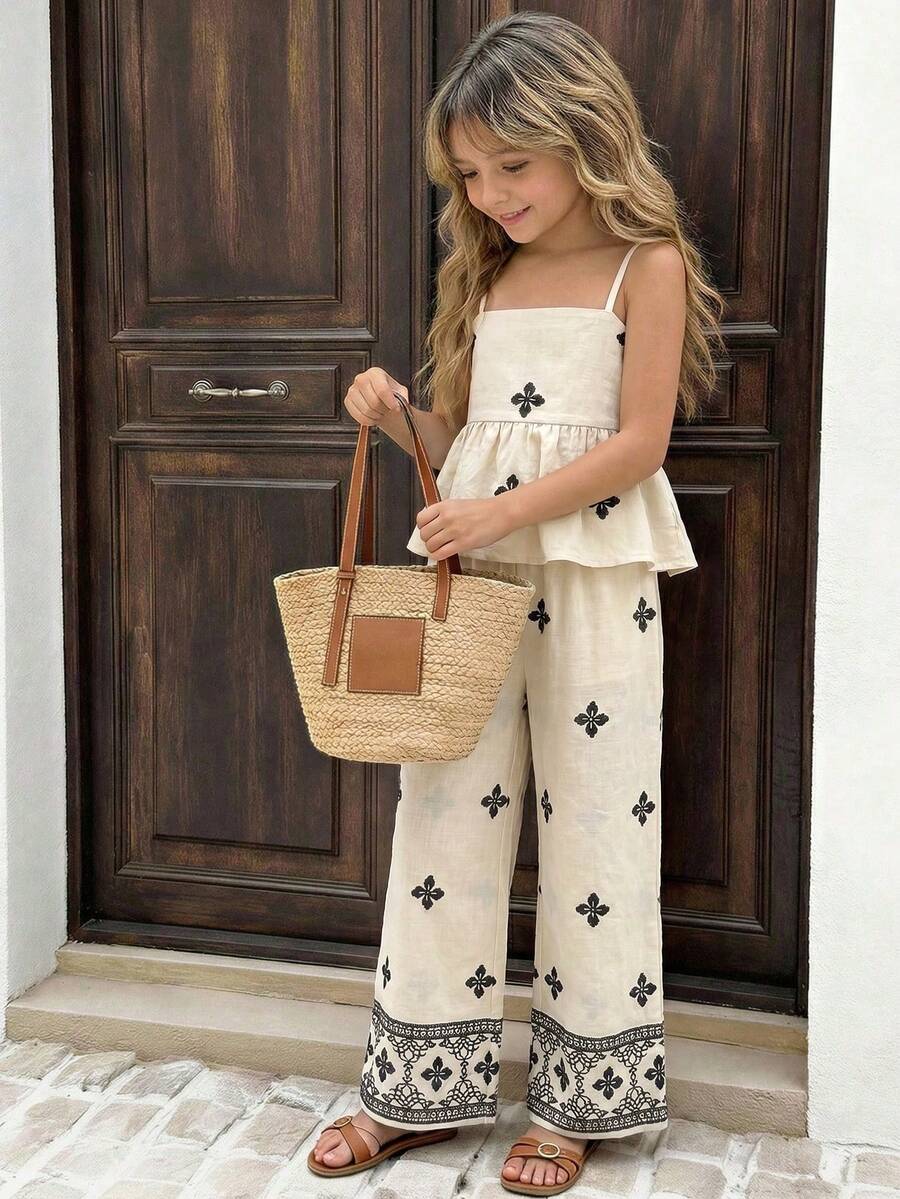 SHEIN Conjunto de camiseta y pantalones para niñas preadolescentes - Albaricoque - Ver 1