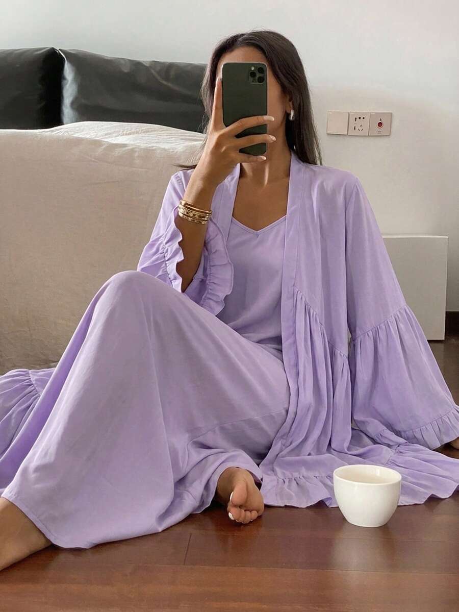 Livesso 两件套荷叶边开衫长裙睡衣套装，女士春夏家居服 - 紫色 - 查看 1