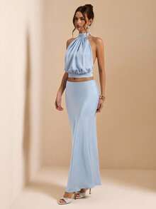 SHEIN BAE Women's Solid Light Blue Satin Elegant Sexy 2 Pieces Set, Wedding Vacation Guest Outfit,Summer For Women,Vacation Outfits Two-Piece - Blue - View 3