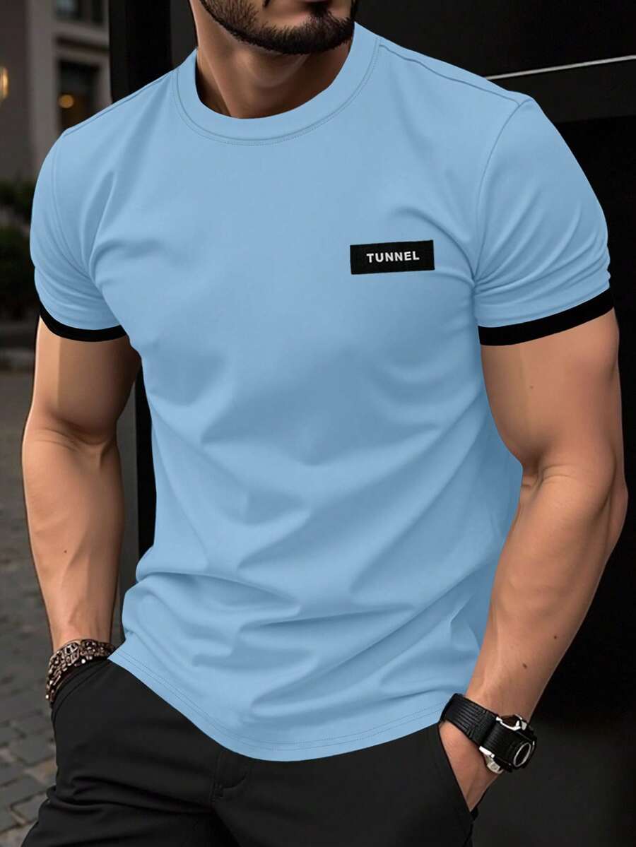 Manfinity Homme 男士休闲圆领撞色滚边短袖T恤 - 藍色 - 查看 1