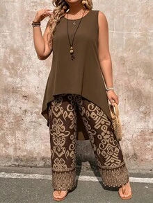 EMERY ROSE Plus Size 2 Pieces Set Brown Beige Sleeveless Top Wide Leg Pants Vacation Summer Boho - Coffee Brown - View 3