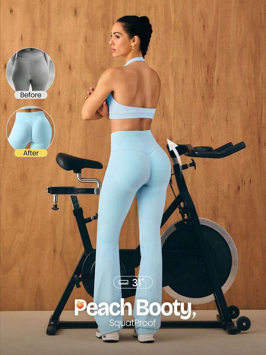 GLOWMODE Quần legging cạp cao ôm sát, siêu mềm mại, không đường may SunFlow 31 inch, nâng mông, nén hai lớp, dáng loe, thích hợp cho tập luyện cường độ trung bình, phòng tập thể dục, studio và mặc mùa hè. - Màu xanh lam - Xem 1