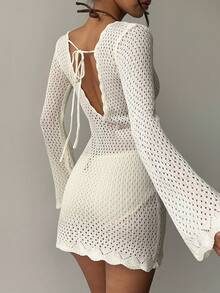 SHEIN Đầm dệt kim trắng INS Viral, tay dài, cổ tay loe, lưng hở, buộc dây, kiểu dáng gợi cảm. - trắng - Xem 3