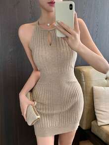 DAZY Women's Simple Solid Color Halter Ribbed Knit Dress, Summer - Khaki - View 6