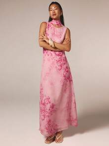 COSMINA Women's Elegant Floral Print Ruffle Hem Long Dress, Suitable For Spring, Vacation, Wedding Guest, Chinese Style Cheongsam Evening Dresses - Pink - View 3