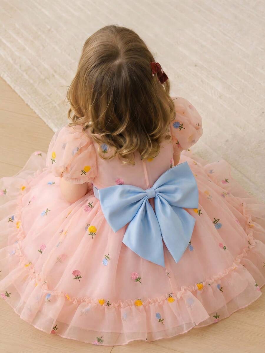 Glamorique Kids Vestido Floral Bordado Colorido para Meninas, Manga Curta com Pétalas, Vestido de Princesa Elegante, Roupa de Festa Infantil Adequada para Férias, Casamento, Festa, Decorado com Laço nas Costas - Rosa chiclete - Visão 1