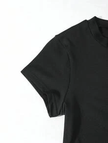 SHEIN Đầm ôm dáng màu trơn cho bé gái tuổi teen, đầm dệt kim đen khoét eo tối giản tay ngắn mặc hàng ngày, đầm dài hở vai cho trẻ em, đầm thường ngày đa năng, mùa xuân/hè. - màu đen - Xem 7