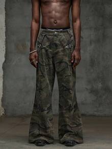 NEON BLANC 男士休闲时尚街头迷彩印花飞机扣装饰喇叭裤，适合日常通勤 - 綠色 - 查看 2
