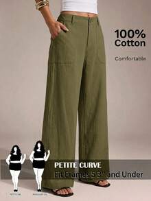 SHEIN PETITE CURVE Plus Size Casual Solid Color Loose Fit Pants - Army Green - View 1