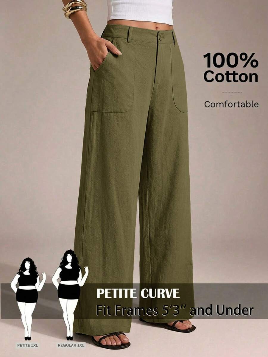 SHEIN PETITE CURVE Plus Size Casual Solid Color Loose Fit Pants - Army Green - View 1