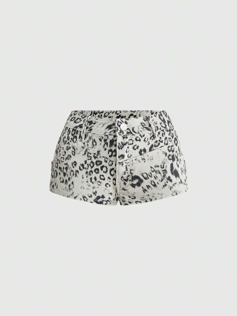 ROMWE Y2K Shorts vaqueros de tiro ultra bajo con estampado animal sexy para mujer, estilo vaquero y de festival de música - Blanco - Ver 1