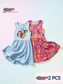 THE POWERPUFF GIRLS X SHEIN Maija Kids Bộ 2 chiếc váy cơ bản không tay cổ tròn, ôm eo, họa tiết hoạt hình IP dành cho bé gái. - Nhiều màu - Xem 1