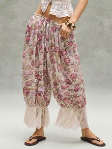 SHEIN BohoFeels Woven Loose Printed Vacation Pants For Women - Pink - View 3