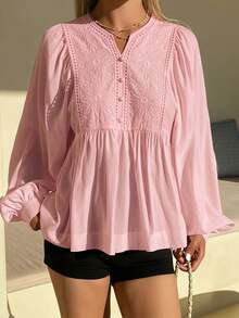 DAZY Women's Casual Embroidered Patchwork Lantern Sleeve Loose Blouse For Summer Holiday - Pink - View 5