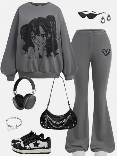 Girlism Bộ 2 áo hoodie cổ tròn màu xám cỡ lớn cho bé gái tuổi teen in hình chân dung hoạt hình & quần ống loe bó in hình trái tim, trang phục thường ngày dễ thương