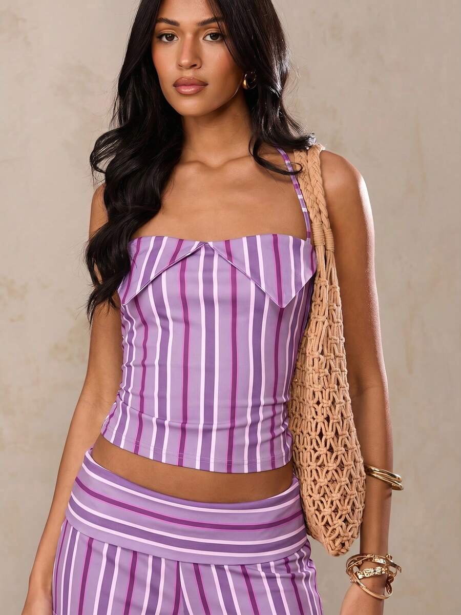 SHEIN BAE 女士时尚百搭性感条纹系带露脐吊带背心 - 紫色 - 查看 1