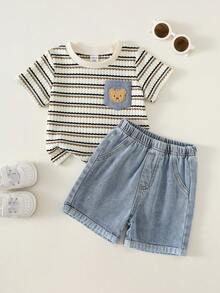 Bộ 2 món đồ mùa hè cho bé trai: áo thun kẻ sọc và quần short denim xanh. - Nhiều màu - Xem 1