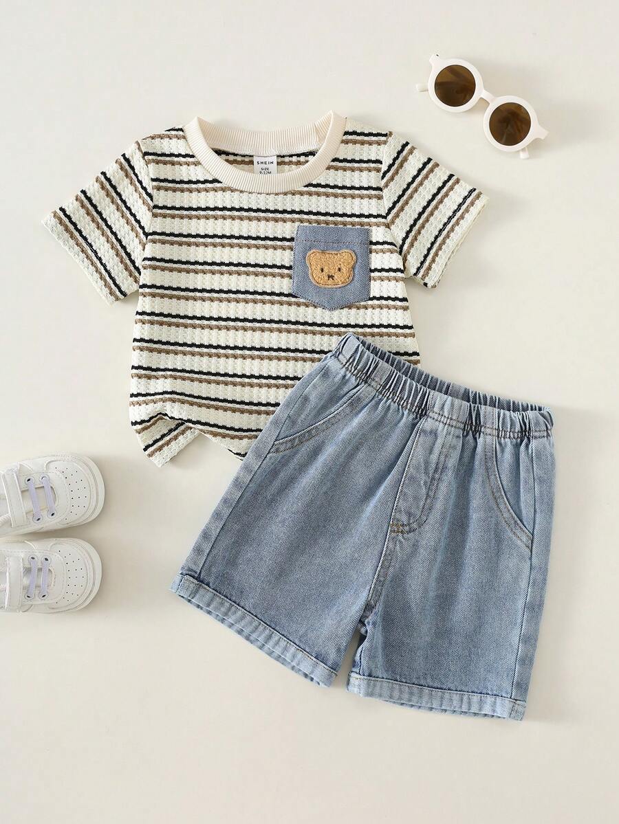 Bộ 2 món đồ mùa hè cho bé trai: áo thun kẻ sọc và quần short denim xanh. - Nhiều màu - Xem 1