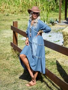 EMERY ROSE Đầm denim nữ dáng suông, chất liệu denim bạc màu, có bèo nhún ở gấu, thích hợp cho mùa thu. - Rửa nhẹ - Xem 5