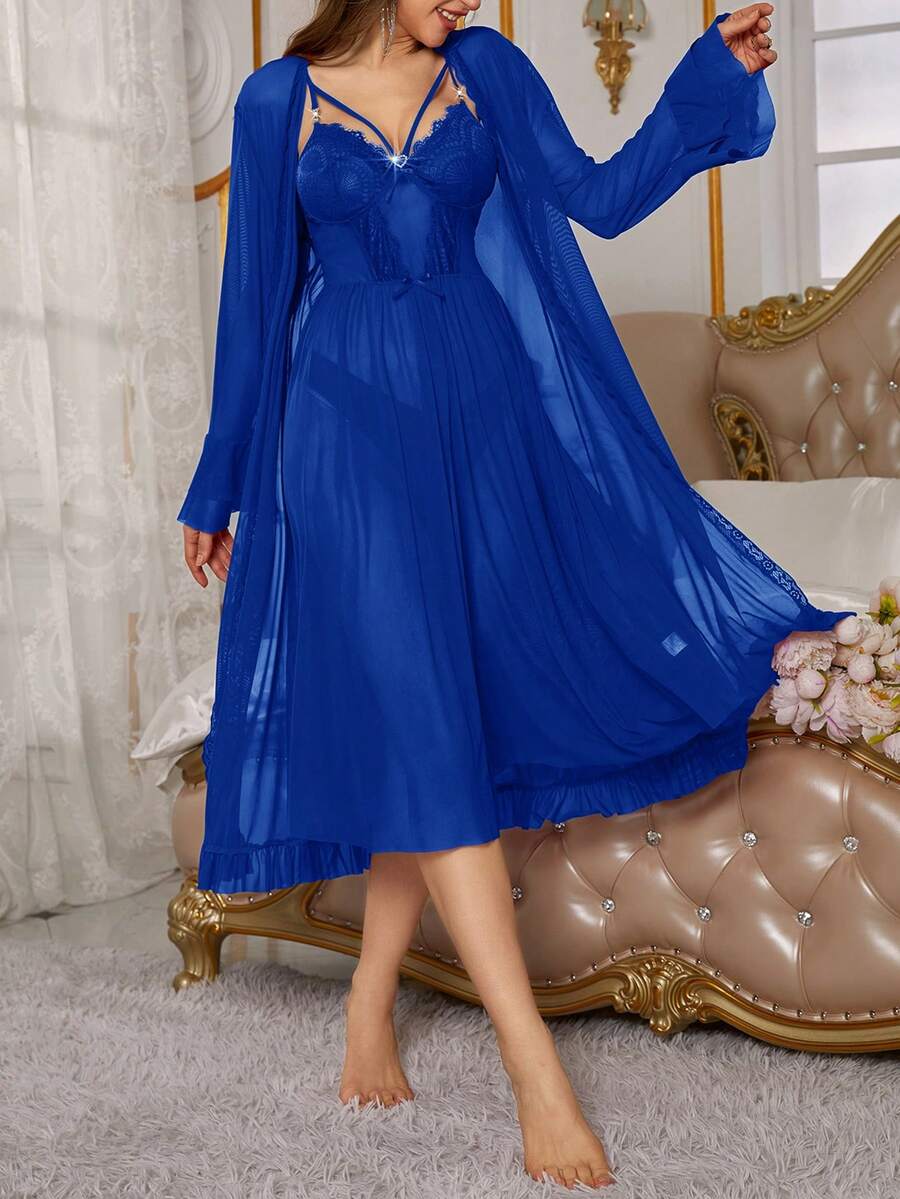 Slumberist 2pcs Lace Sheer Camisole Dress And Robe Set - Royal Blue - View 1
