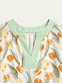 Franclia Women's Spring/Summer New White Blessing Tree Leaf Pattern V-Neck Casual Loose Blouse Shirt, Suitable For Vacation, Daily Wear, Dating, Commuting - Orange - View 3