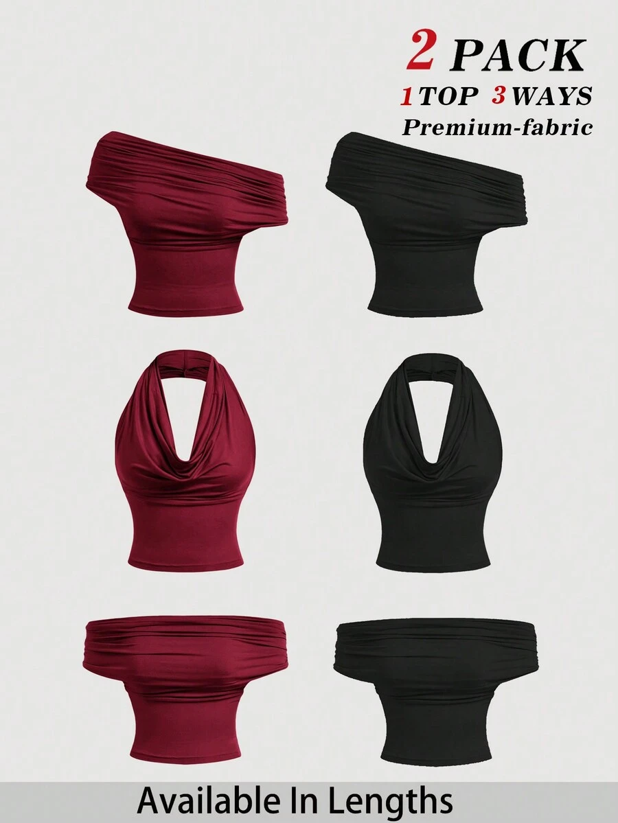 SHEIN PETITE CURVE 大尺碼 2件組 3種穿法女款酒紅色優雅夜店修身上衣,夏季垂領抹胸式裹身上衣,派對度假優雅風 - 彩色 - 查看 1