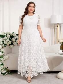 Reflora Plus Size Solid Color Lace Patchwork Round Neck Short Sleeve Dress - White - View 8