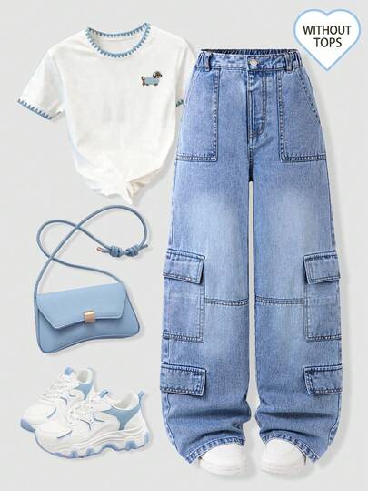 Tween Girls Cargo Jeans Summer New Arrival Vintage Washed Blue Denim Pants Elastic Waist Multiple Pockets Loose Wide Leg Straight Fit Comfortable Cotton Casual Daily School Vacation Commute Streetwear