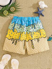 SHEIN Tween Boys' Casual Versatile Comfortable Coconut Tree Print Patchwork Loose Lining Swim Trunks Beach Shorts,Kids - Pink - View 3