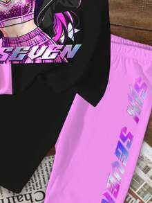 Conjunto de camiseta de manga corta y pantalones cortos de 2 piezas para niñas preadolescentes, con estampado gráfico de niña de dibujos animados, patrón numérico 67, "Fun Six&Seven", estrellas del K-Pop, en bloques de color morado y negro, adecuado para estilos cómodos de primavera y verano - Multicolor - Ver 5