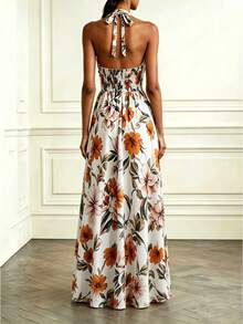 SHEIN Clasi Nuovo abito elegante da vacanza con motivo floreale, un abito estivo oversize con design alla halter senza maniche e uno stile chic. - Multicolore - Visualizzare 2