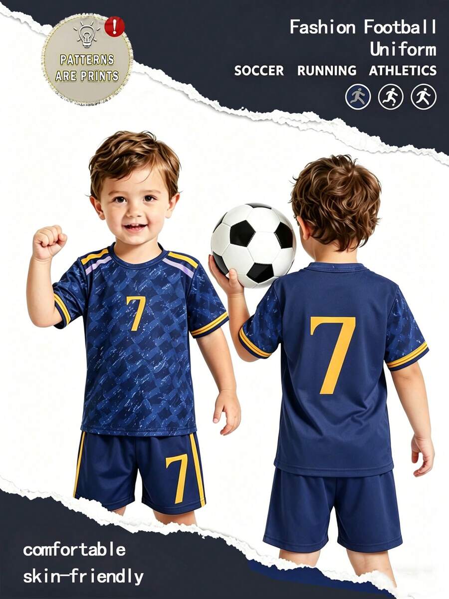 2pcs Baby Boys' Sports Navy Blue T-Shirt And Shorts Set,Summer Casual Holiday Fashionable Colorblock Jersey #10 Print Soft Fabric Outings Clothes - Multicolor - View 1