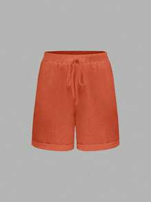 Linhara CURVE Plus Size Washed Cotton Cinched Waist Backpocket Button Decor Short Casual Top - Orange - View 3