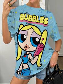 THE POWERPUFF GIRLS X SHEIN Áo thun nữ tay ngắn cổ tròn, thời trang, đa năng - - trắng - Xem 3
