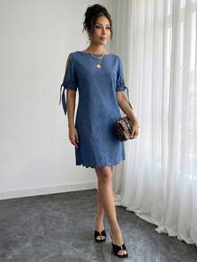 Elenzga Women's Elegant Hollow-Out Tie-Up Denim Dress, Summer - Medium Wash - View 4