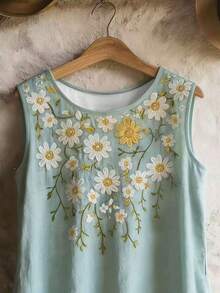 EMERY ROSE Nueva camisa sin mangas de lino y algodón estampada, adecuada para la playa, el uso diario y las vacaciones - Multicolor - Ver 4